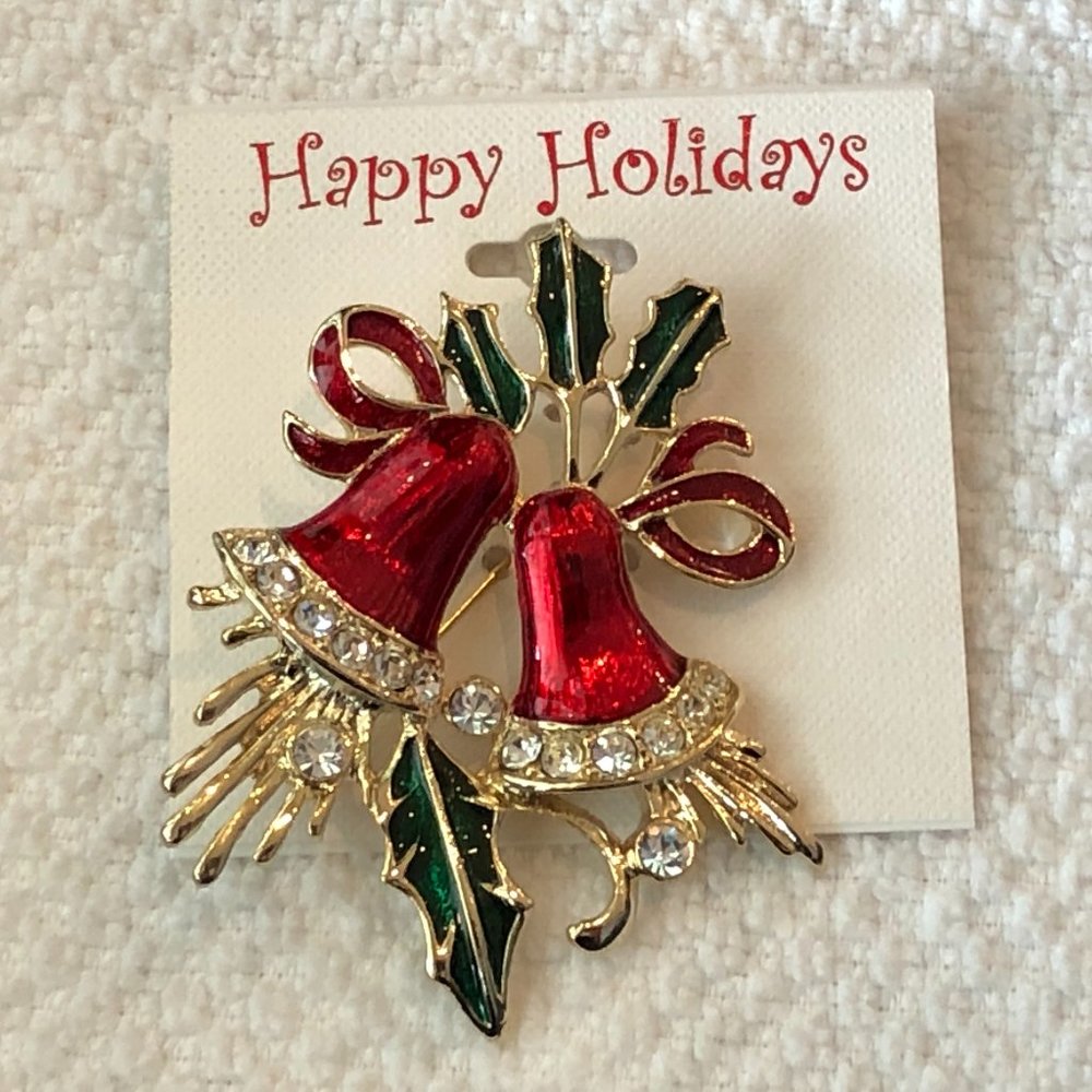 Big, Bold & Beautiful Rhinestone & Enamel Brooch Christmas Bells. Vintage